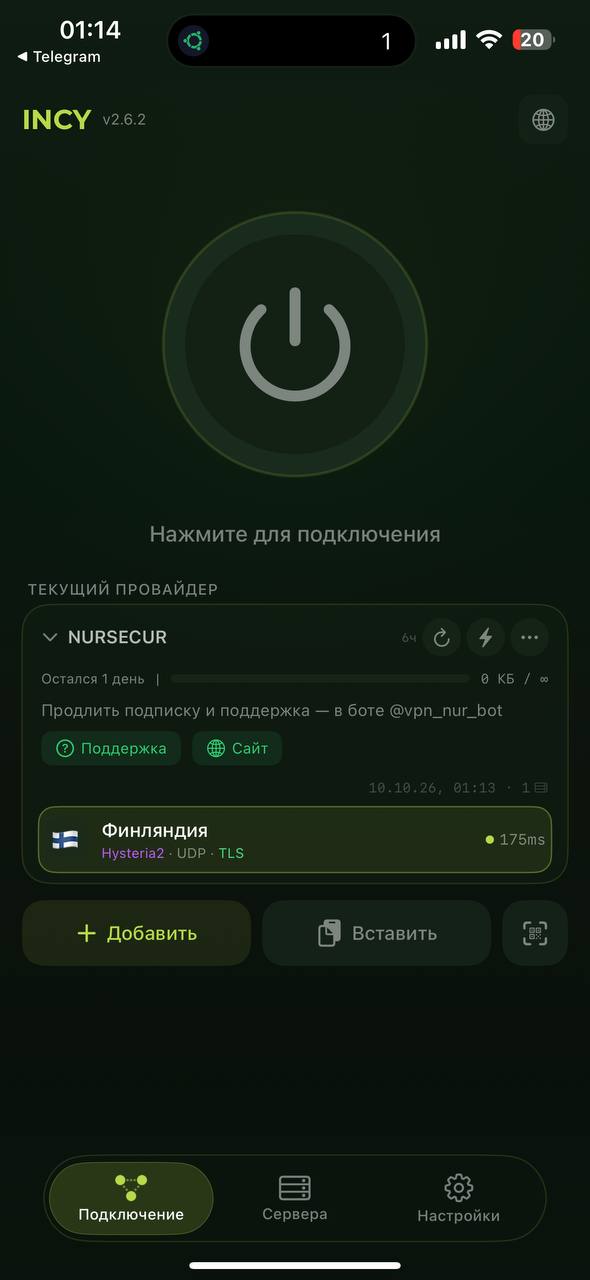 Подписка NURSECUR в Incy после активации промокода